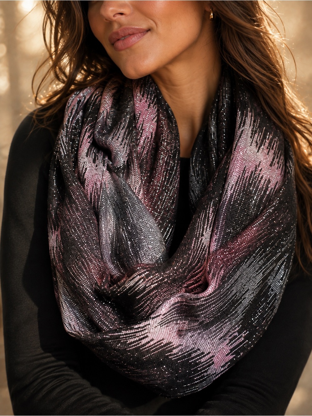 APT. 9 Metallic Chevron Infinity Scarf Wrap Pink Black Gray Shimmer